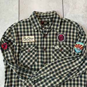 Y2K PHAT FARM Mens Embroidered Plaid Button Down Long Sleeve Shirt